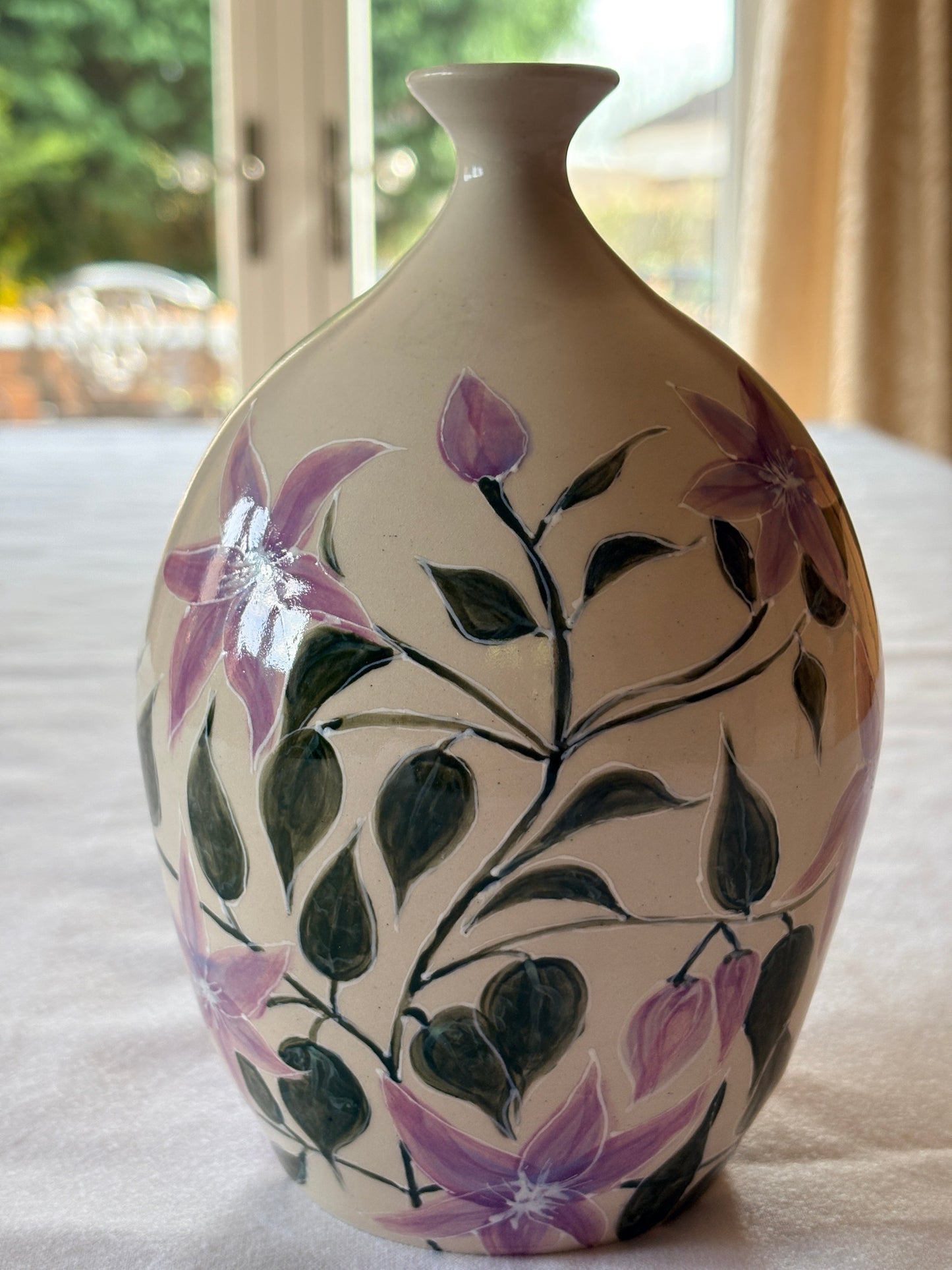 Hand‑Painted Clematis Floral Vase - Petal and Earth Collection