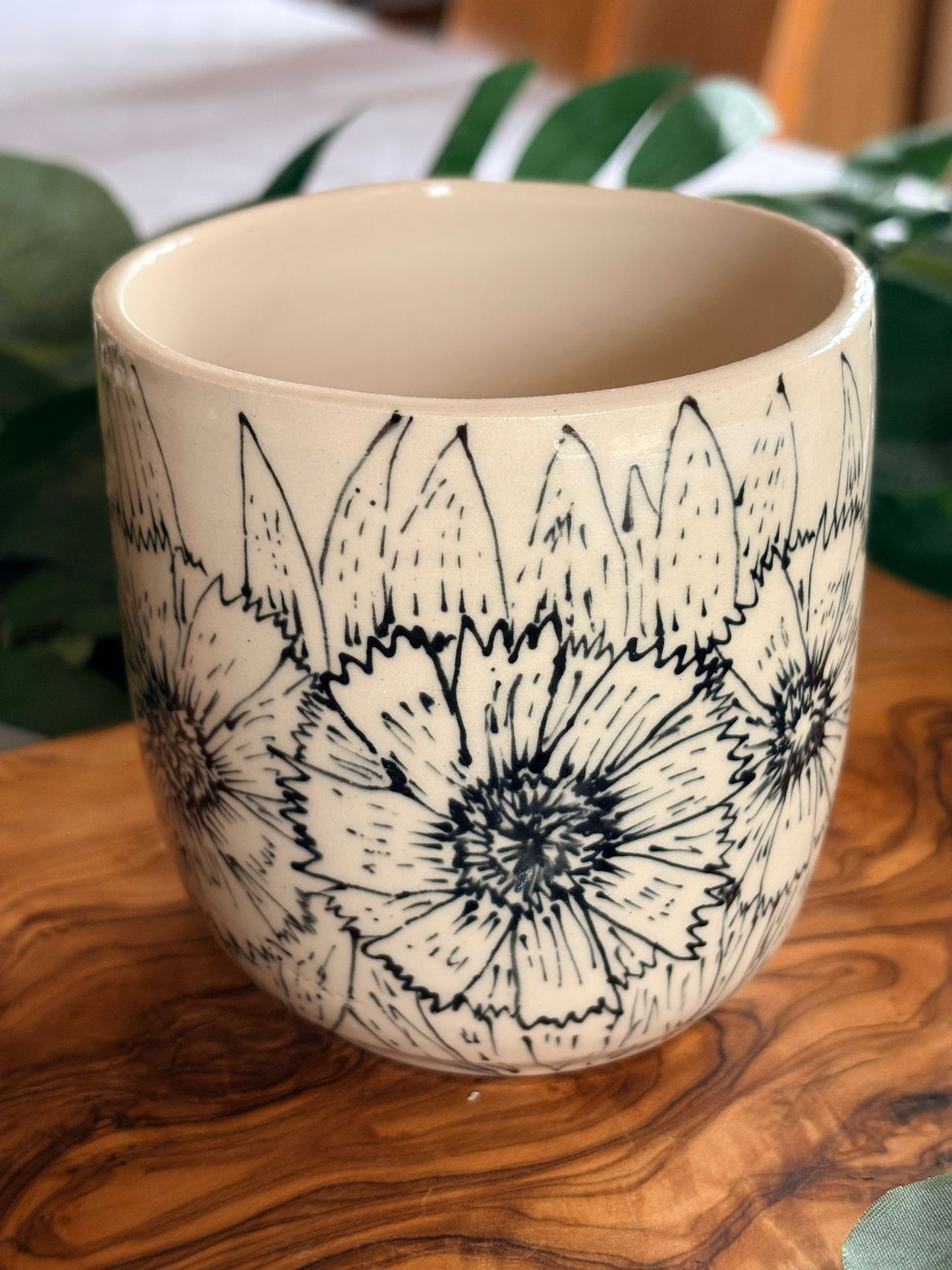 Hand‑Painted Monochrome Floral Tumbler – Ink & Clay Collection