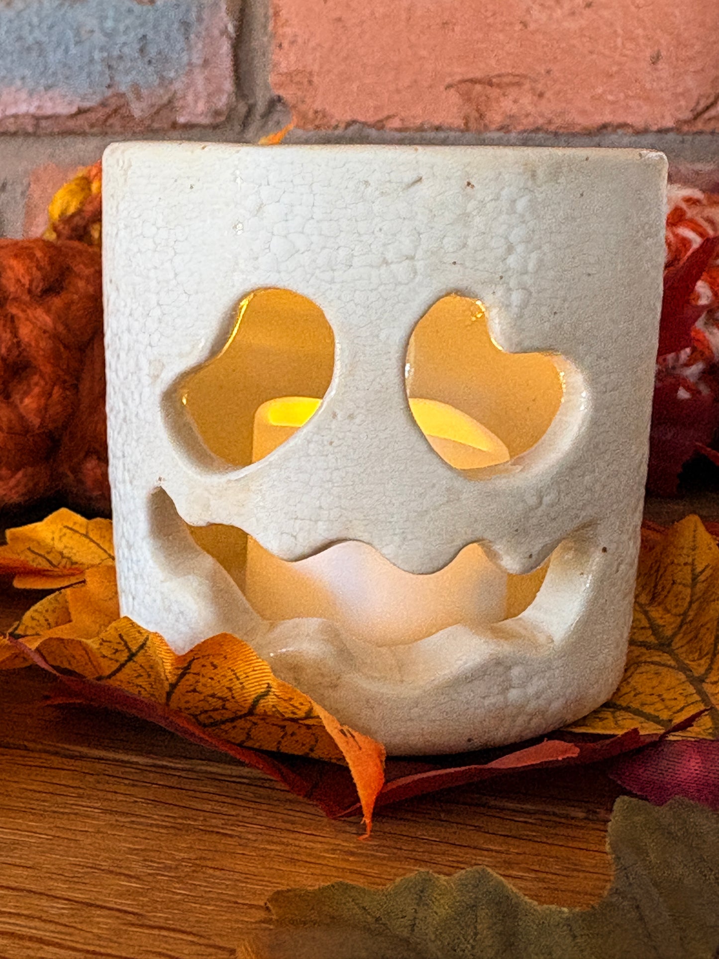 Pumpkin‑Face Ghost Tea Light Holder – Autumn Embers Collection