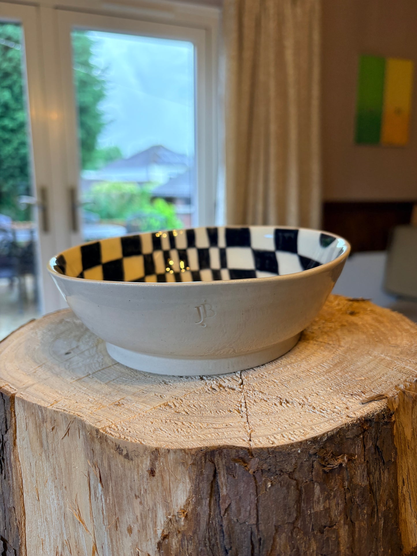 Hand‑Painted Checkerboard Linework Bowl – Ink & Clay Collection