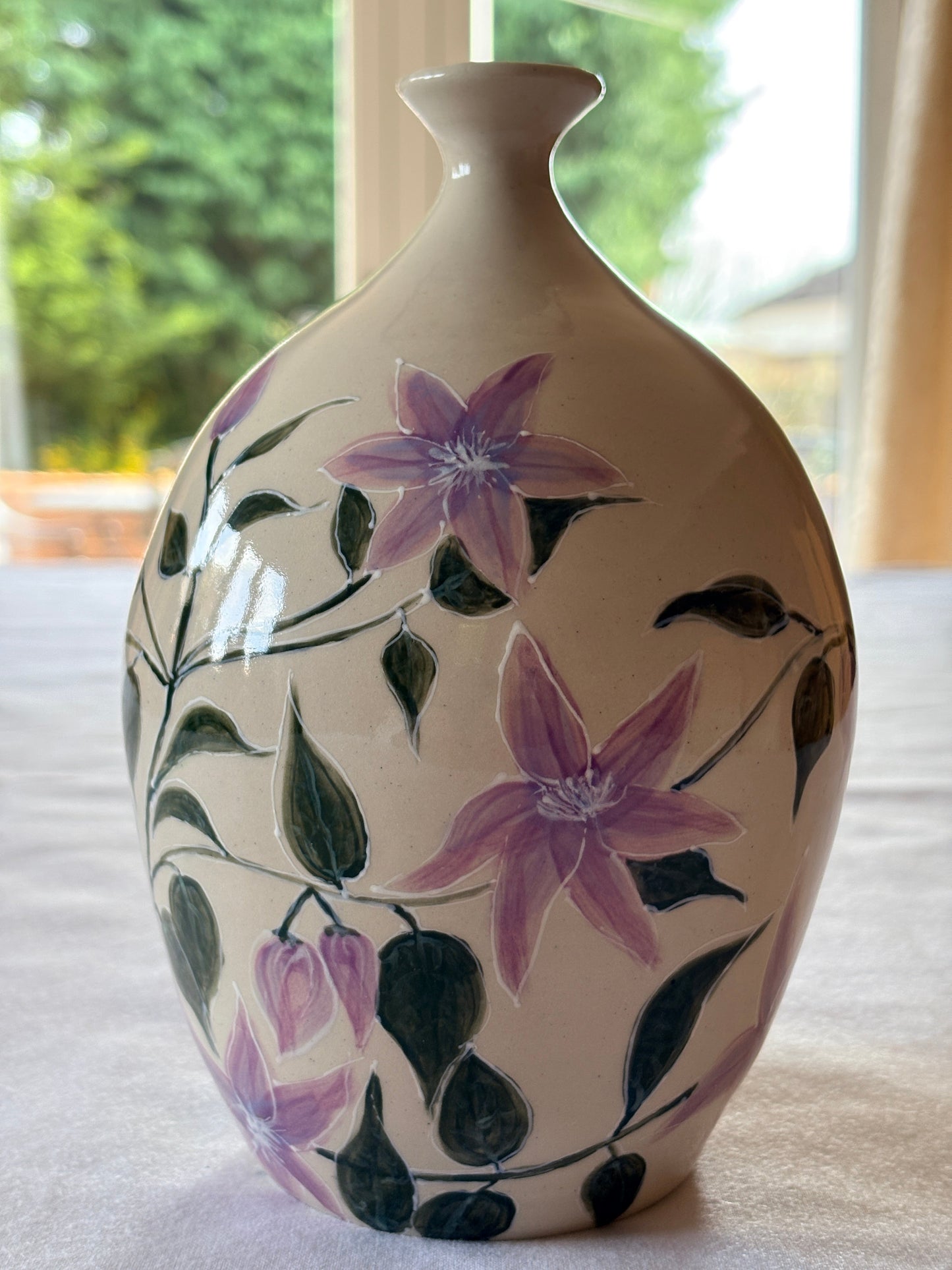 Hand‑Painted Clematis Floral Vase - Petal and Earth Collection