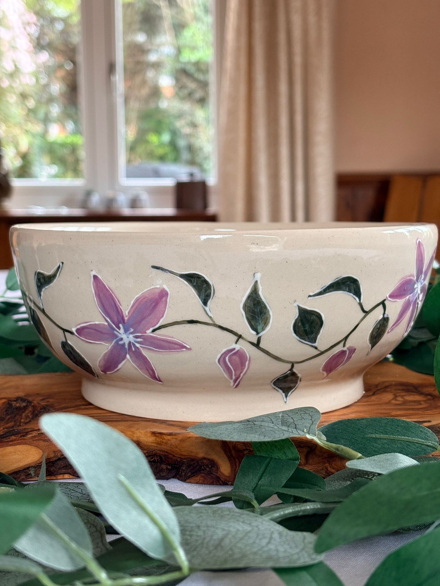Hand‑Painted Clematis Bowl – Petal & Earth Collection