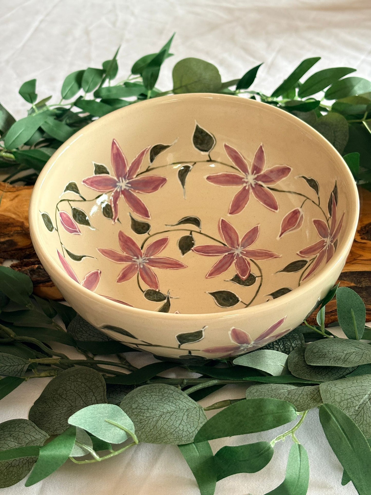 Hand‑Painted Clematis Bowl – Petal & Earth Collection