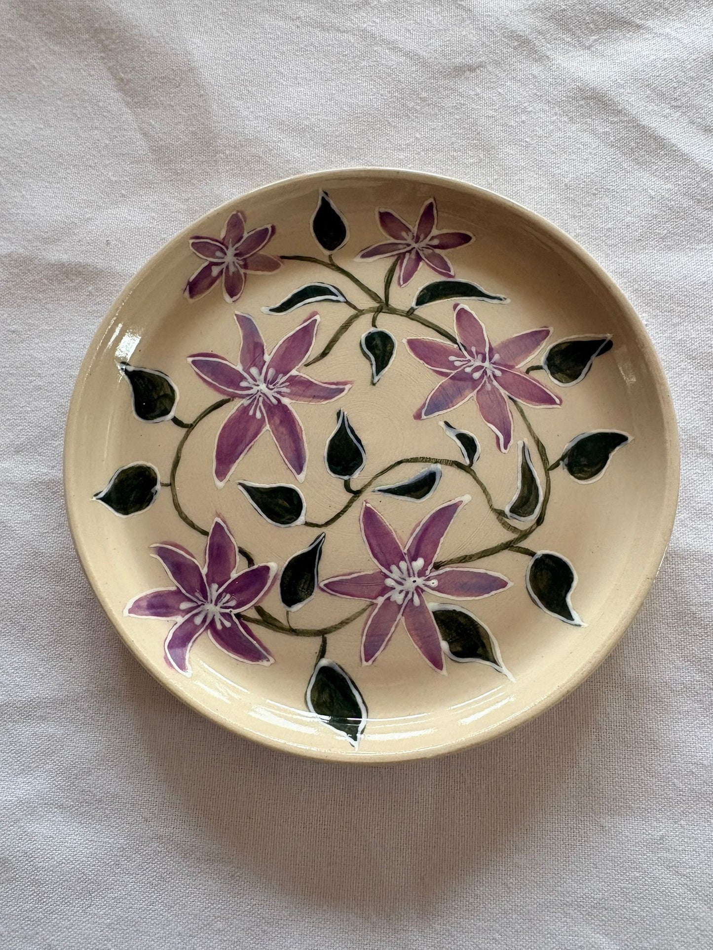 Hand‑Painted Clematis Side Plate – Petal & Earth Collection