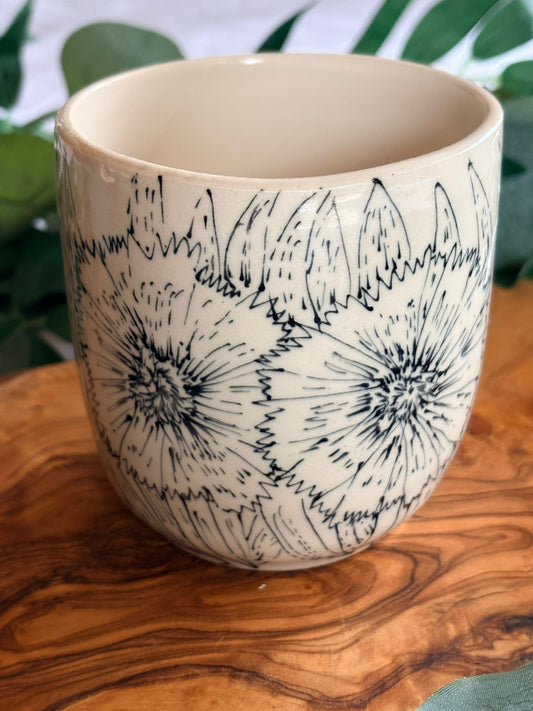 Hand‑Painted Monochrome Floral Tumbler – Ink & Clay Collection